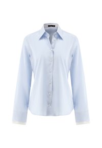 Light blue button-up shirt with long sleeves, classic collar, and white button accents. Cuffs feature a striped pattern. Smooth fabric texture.