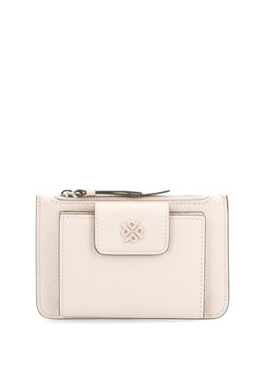 Cream leather wallet with a textured finish, featuring a front flap closure, a zip compartment, and embossed logo detail. Rectangular shape.