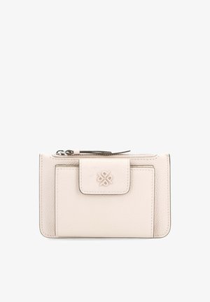 Cream leather wallet with a textured finish, featuring a front flap closure, a zip compartment, and embossed logo detail. Rectangular shape.