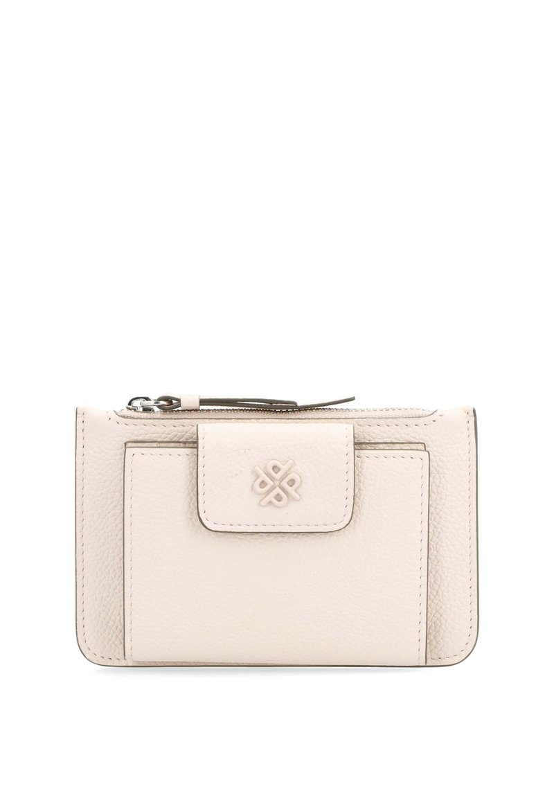 Cream leather wallet with a textured finish, featuring a front flap closure, a zip compartment, and embossed logo detail. Rectangular shape.