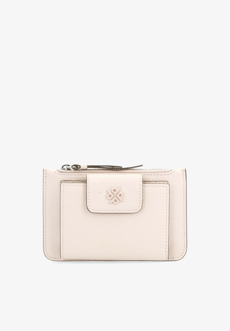 Cream leather wallet with a textured finish, featuring a front flap closure, a zip compartment, and embossed logo detail. Rectangular shape.