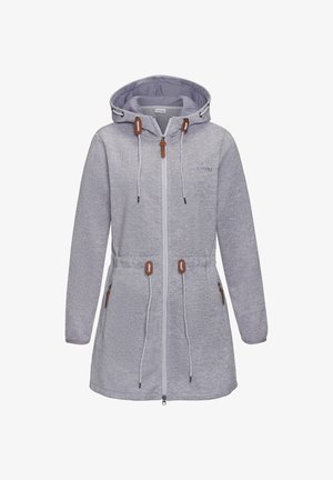 Gray hooded jacket with a zip front, tonal drawstrings with brown accents, two side pockets, and a cinched waist design.