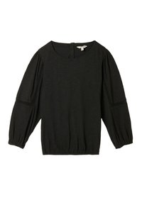 Schwarze Bluse mit langen Ärmeln, rundem Halsausschnitt, elastischen Bündchen und Saum sowie dekorativen Spitzeneinsätzen an den Ärmeln.