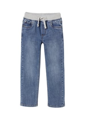 Blaue Jeans aus Denim mit elastischem grauem Bund und Kordelzug, ausgestattet mit Vordertaschen und aufgenähten Details.