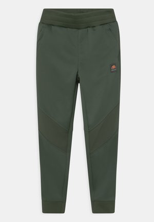 Mørkegrønne skræddersyede sweatpants med ribdetaljer på knæene, elastisk taljebånd, sidelommer og et lille logo-patch på venstre lår.