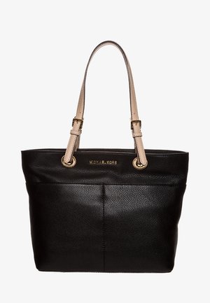 Sac cabas en cuir noir avec des bretelles réglables beiges et un logo de marque doré au centre avant.