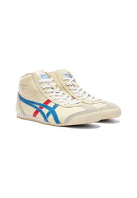 Onitsuka Tiger hög-top sneakers i krämfärgad läder med blå och röda accenter, texturerad mocka tå och vita snören. Platt gummisula.