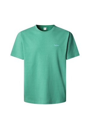 Maglietta verde semplice a maniche corte con piccolo logo bianco "Pepe Jeans" sul petto a sinistra e collo rotondo.