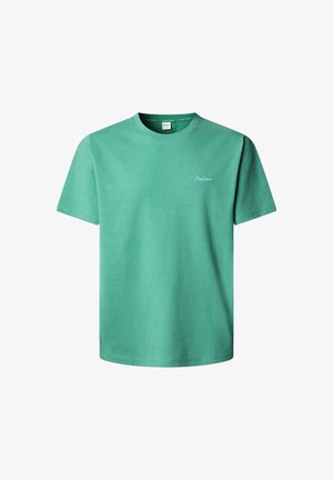 Maglietta verde semplice a maniche corte con piccolo logo bianco "Pepe Jeans" sul petto a sinistra e collo rotondo.