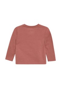 Długo rękawowy, różowawy dziecięcy T-shirt z okrągłym dekoltem, pokazany z tyłu na białym tle.