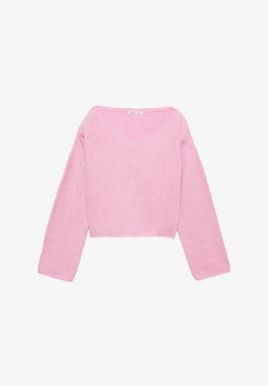 Rosa kortärmad tröja i ett mjukt, stickat material. Har en bred V-halsringning och långa ärmar med en avslappnad passform.