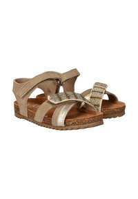 Beige sandalen met suède en metallic banden, een gestructureerde kurken zool en decoratieve kralenaccenten langs de voorband.