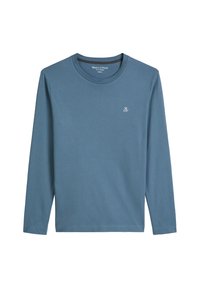 Długi rękaw, niebieski bawełniany t-shirt z zaokrąglonym dekoltem i małym białym logo na piersi. Miękka tekstura, klasyczny krój.