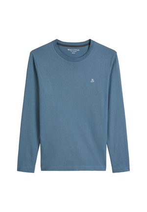T-shirt met lange mouwen in blauw katoen met een ronde hals en een klein wit logo op de borst. Zachte textuur, klassieke pasvorm.