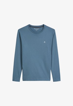 T-shirt met lange mouwen in blauw katoen met een ronde hals en een klein wit logo op de borst. Zachte textuur, klassieke pasvorm.