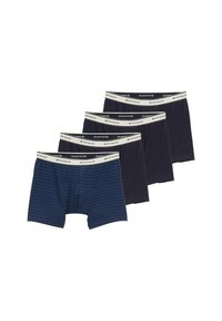 Négy pár férfi boxer alsó tengerészkék és sötétkék vízszintes csíkokkal; az anyag puha; rugalmas derékpánt logó részlettel.