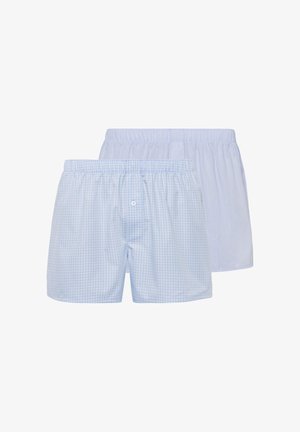 Zwei Paar Herren-Boxershorts, eine in einfarbigem Hellblau und eine hellblau kariert mit Knopfleiste, beide mit elastischem Bund.