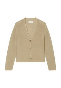 Beige žebrovaný svetr, design s V výstřihem, tři přední knoflíky, dlouhé rukávy a jemná textura. Značka: Mare O'Polo.