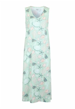 Ärmelloses mintgrünes Maxikleid mit Muschel-, Seestern- und Korallenmuster in Weiß, Pink und Türkis, mit rundem Ausschnitt.