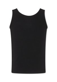 Top in maglia nera a coste con scollatura rotonda e senza maniche, caratterizzato da una texture liscia e una silhouette aderente.