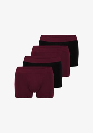 Vier Paar Herrenboxershorts: zwei in Burgunderrot und zwei in Schwarz. Hergestellt aus weichem Stoff mit elastischen Bündchen und Markenlogo.