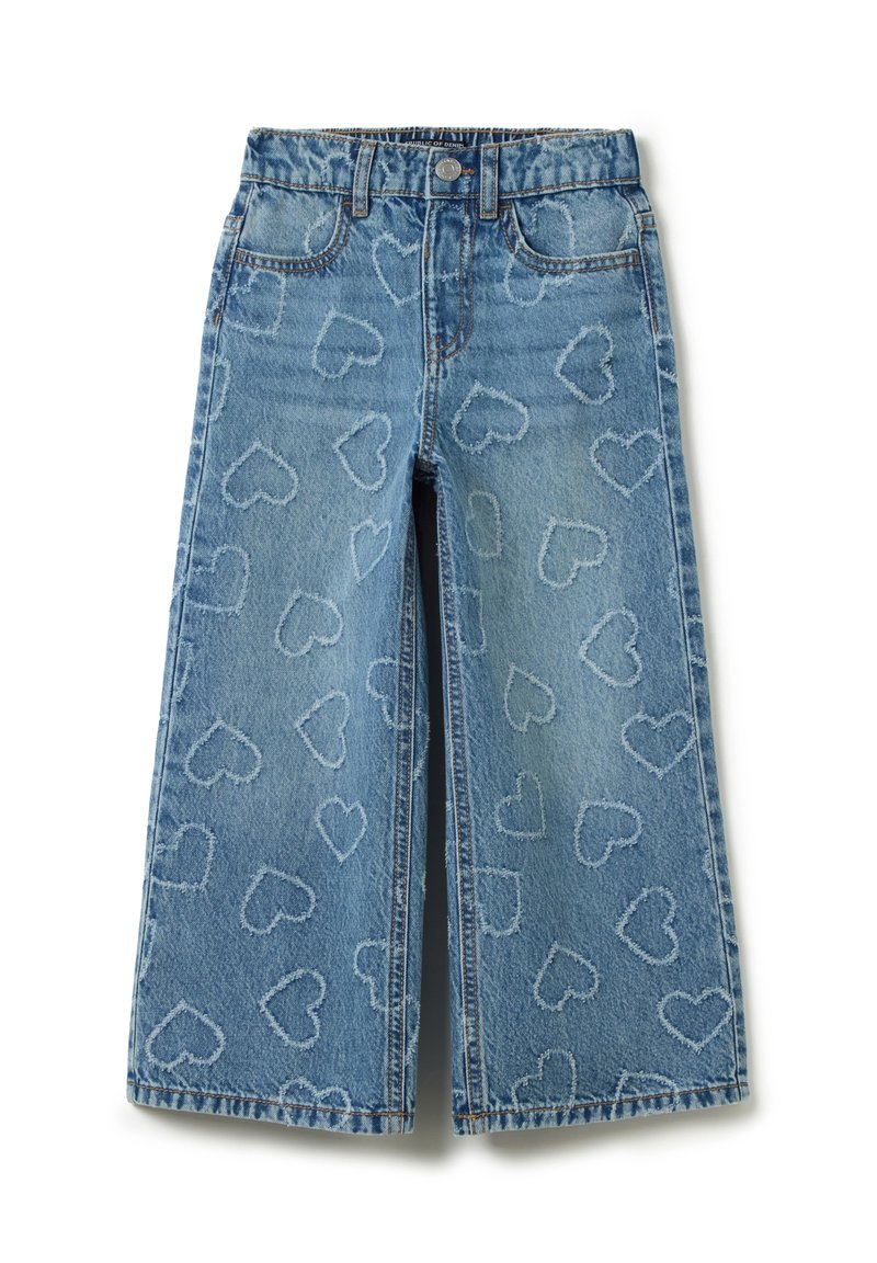 Lichtblauwe denim wide-leg jeans met hartpatroon stiksel, uitgerust met een knoopsluiting en een vijfzakkenontwerp.
