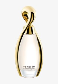 Klarer Glasparfümflakon mit einer goldenen, geschwungenen Kappe. Hat eine tropfenförmige Gestalt und ein schwarzes "FOREVER"-Etikett am Boden.