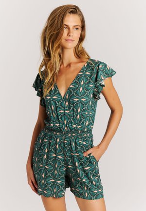 Groen patroon playsuit met een diepe V-hals, gerimpelde mouwen en een elastische taille. Heeft een geometrisch ontwerp in perzik- en crèmekleuren.