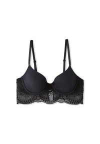 Zwarte padded beha met kantafwerking. Beschikt over verstelbare bandjes, zachte cups en een golvende kantrand aan de onderkant.