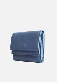 Blue leather wallet with a fold-over flap, featuring stitched accents and a debossed logo. Compact design with a smooth texture.