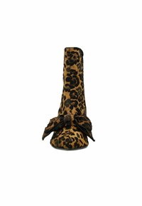 Leopard-printed ankle boot in brown and black fabric, featuring a pointed toe and a bow accent at the front for detail.
