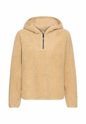 Tan zip-up hoodie gemaakt van zachte, textuur fleece. Voorzien van een capuchon en een halve rits aan de voorkant met een eenvoudig, onopvallend ontwerp.