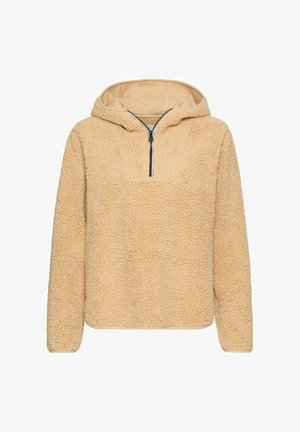 Tan zip-up hoodie gemaakt van zachte, textuur fleece. Voorzien van een capuchon en een halve rits aan de voorkant met een eenvoudig, onopvallend ontwerp.