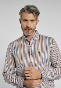 Koszula w paski zapinana na guziki w kolorze białym, niebieskim i brązowym. Posiada kieszeń z detalami w szyciu oraz kołnierz. Gładka tekstura materiału.