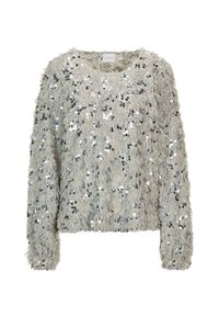 Hellgrauer, flauschiger Pullover mit langen Ärmeln, der mit verstreuten silbernen Pailletten verziert ist und einen runden Halsausschnitt hat.