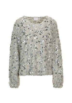 Hellgrauer, flauschiger Pullover mit langen Ärmeln, der mit verstreuten silbernen Pailletten verziert ist und einen runden Halsausschnitt hat.