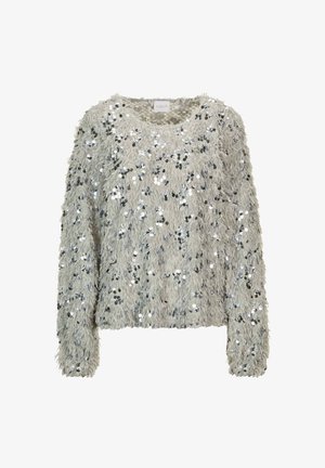 Light grey fuzzy sweater with long sleeves, adorned with scattered silver sequins, featuring a round neckline.