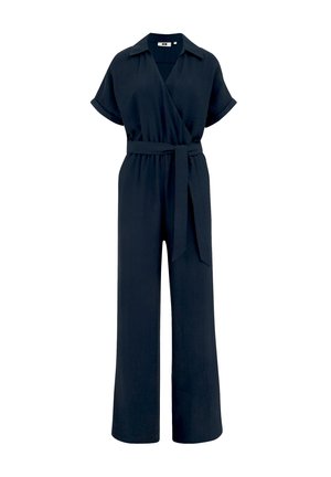  Navyblå jumpsuit i lätt tyg, med en omslagdesign, korta ärmar och en knytbar midjebälte för justerbar passform. Vid byxben.