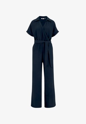 Námořnický modrý overal vyrobený z lehkého materiálu, s designem „wrap“, krátkými rukávy a vázacím opaskem pro nastavitelnou velikost. Široké nohavice.