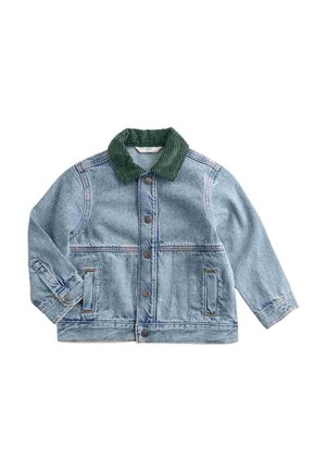 Kurtka dżinsowa z zielonym kołnierzem z sztruksu, zapinana z przodu na guziki, z dwoma bocznymi kieszeniami i przeszyciami w pastelowych kolorach.