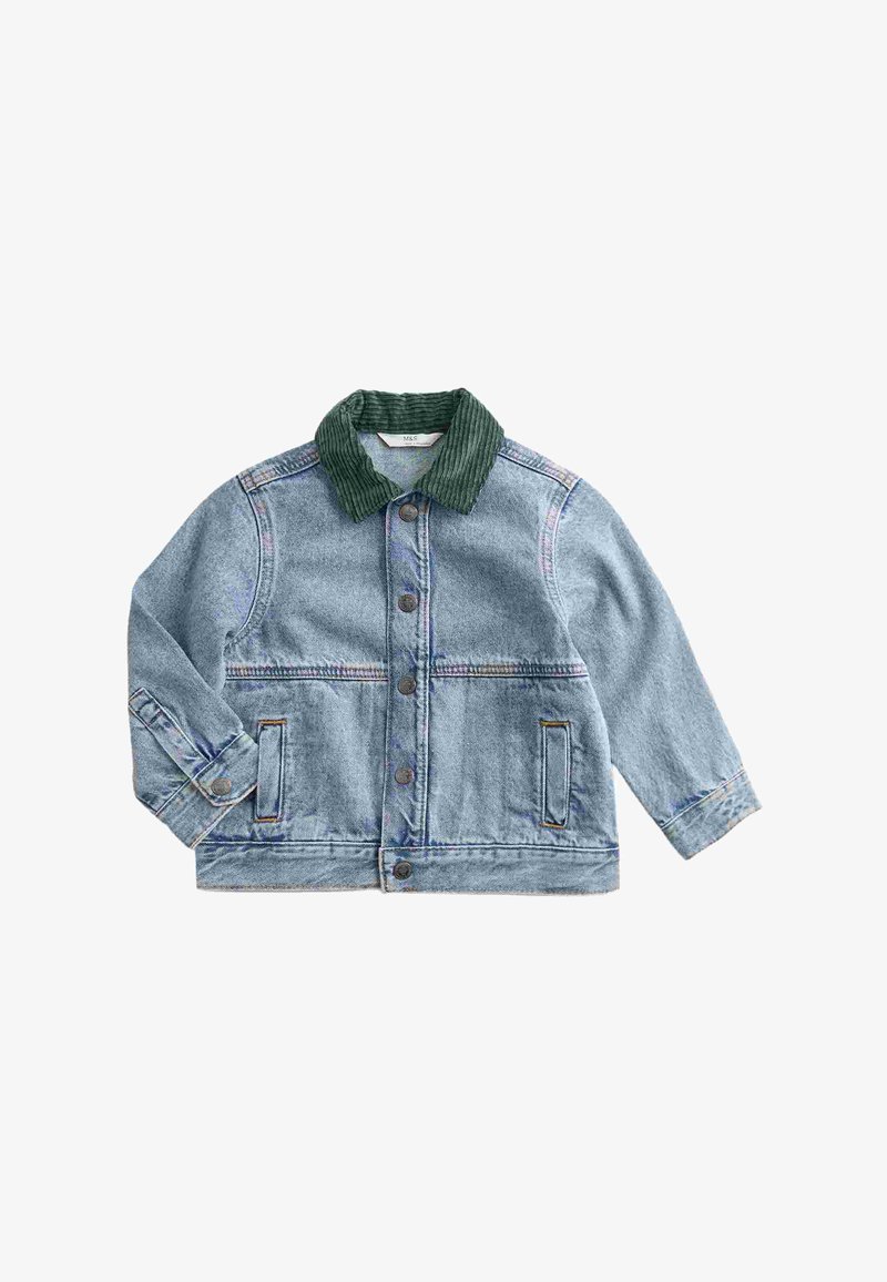 Giacca di jeans con colletto in velluto a coste verde, chiusura frontale con bottoni, due tasche laterali e dettagli cuciti in colori pastello.