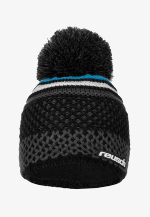 Black knit beanie with a large black pom-pom on top. Features gray and white horizontal stripes, blue accents, and a branded label.