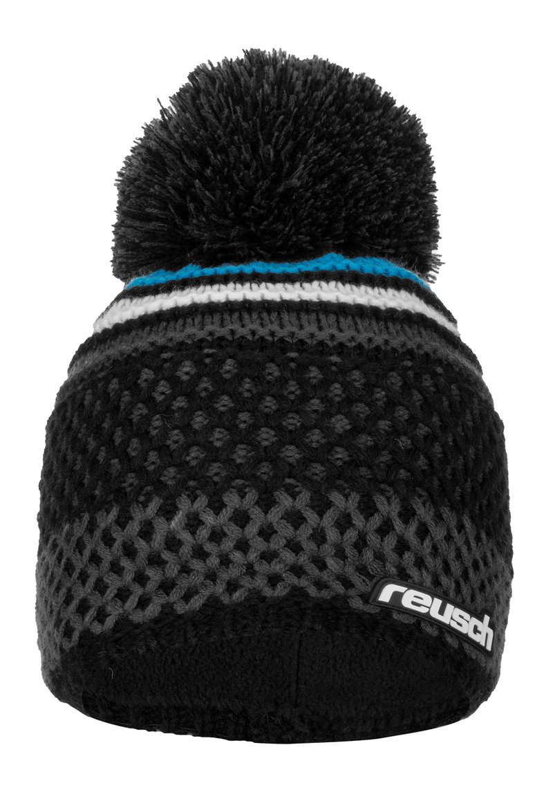 Black knit beanie with a large black pom-pom on top. Features gray and white horizontal stripes, blue accents, and a branded label.