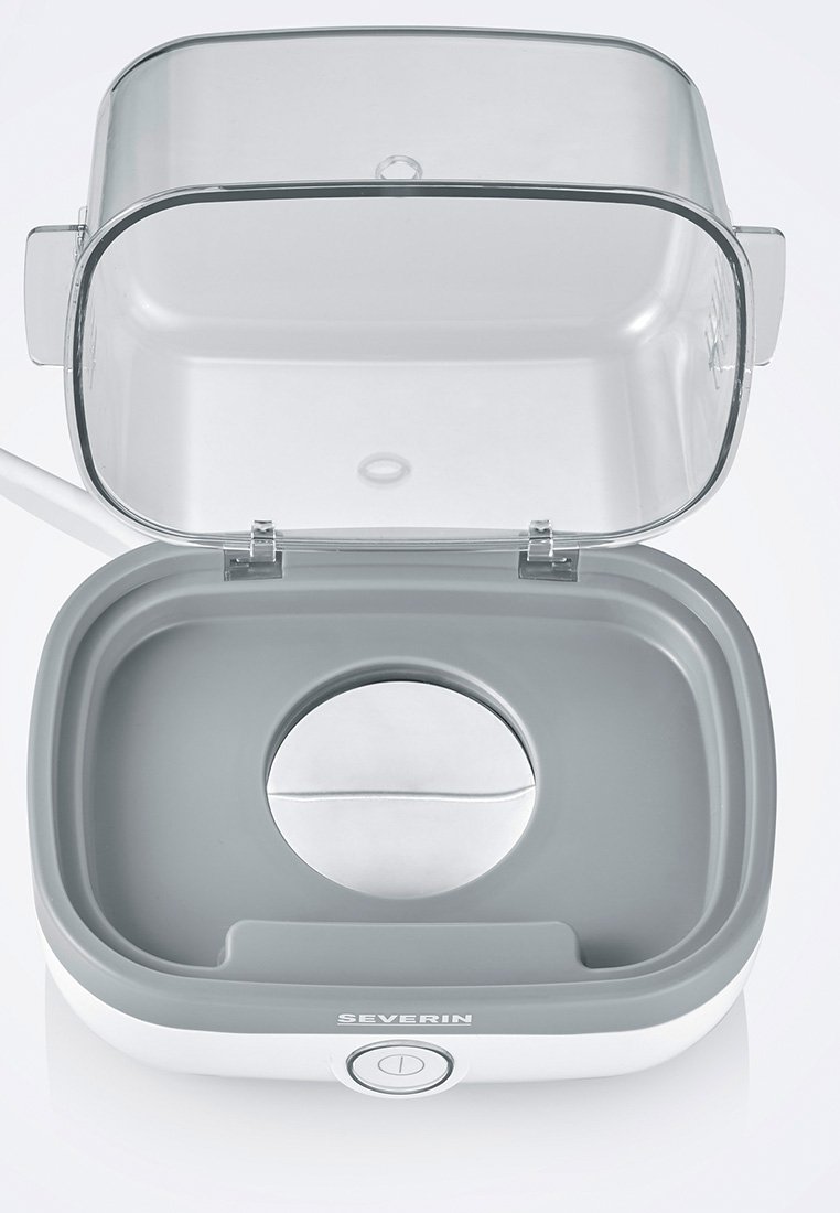 Conteneur alimentaire carré avec un couvercle transparent, base grise, disque central argenté et un extérieur blanc comportant un bouton d'alimentation.