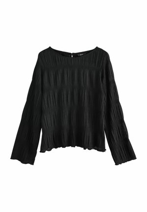 Schwarzes Langarmoberteil aus strukturiertem Stoff mit leicht verkürztem Saum, vertikalen Falten und einem runden Ausschnitt mit einer Öffnung im Rücken.