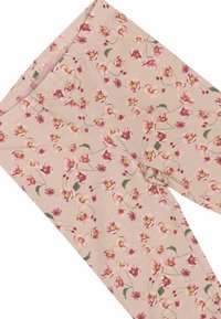 Leggings floreali in tessuto morbido e elastico. Beige chiaro con un motivo di fiori rosa e gialli, foglie verdi e piccoli dettagli rossi.