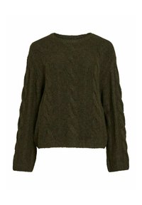 Tumši zaļš adīts džemperis ar apaļu kakla izgriezumu, garām piedurknēm un strukturētu kabeli rakstu visā virsmā. Mīksts, ērts materiāls.