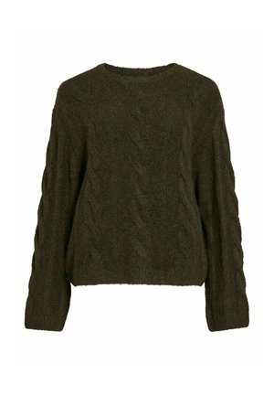 Mørkegrøn strikket sweater med rund halsudskæring, lange ærmer og et struktureret kabelmønster over det hele. Blødt, hyggeligt materiale.