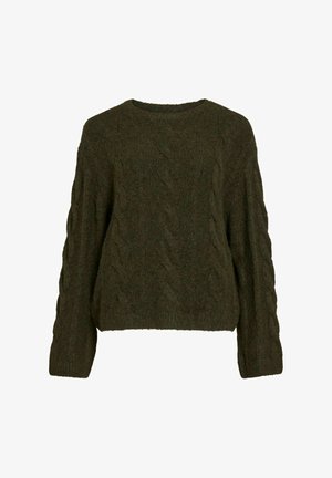 Tmavě zelený pletený svetr se zaobleným výstřihem, dlouhými rukávy a texturovaným kabelovým vzorem po celém povrchu. Měkký a pohodlný materiál.