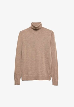 Beige coltrui gemaakt van zachte stof, met lange mouwen en een aansluitend ontwerp met een geribbelde kraag en zoom.